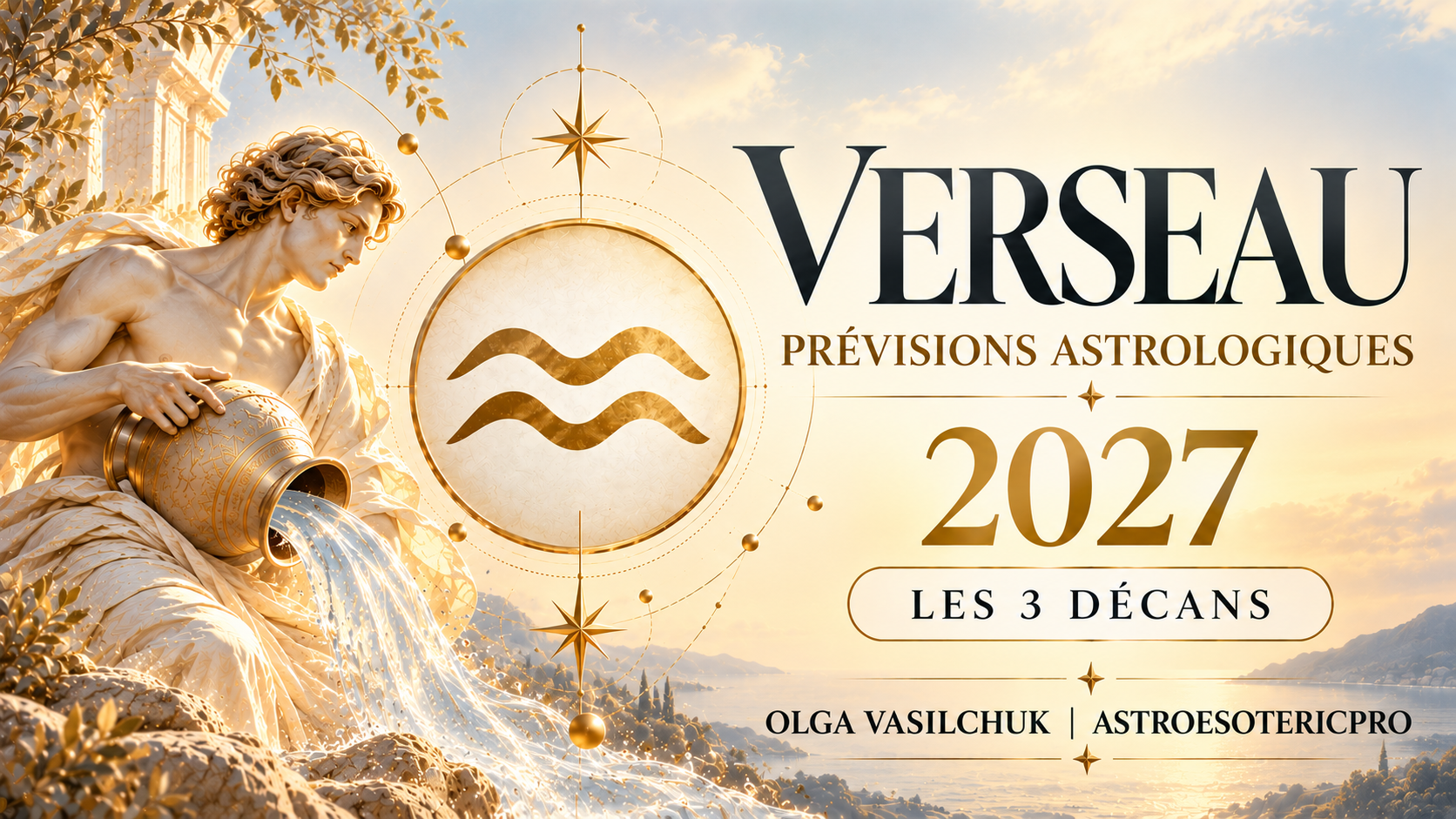 Prévisions astrologiques 2027 pour les trois décans du Verseau, avec le symbole du Verseau et une illustration du porteur d’eau.
