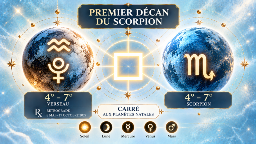 Illustration astrologique du premier décan du Scorpion en 2027 : Pluton entre 4° et 7° du Verseau forme un carré aux planètes natales situées entre 4° et 7° du Scorpion.