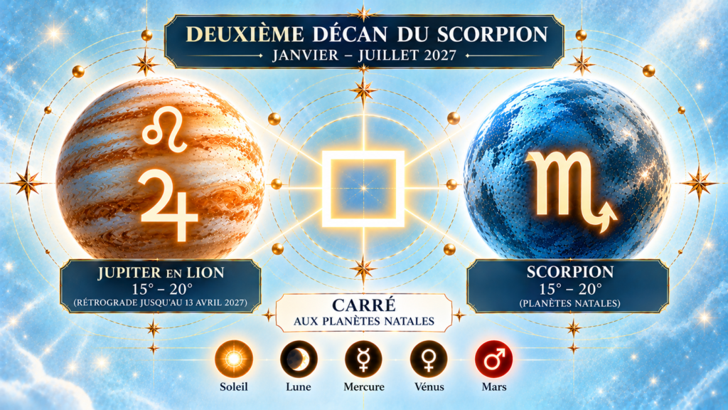 Illustration astrologique du deuxième décan du Scorpion en 2027 : Jupiter en Lion forme un carré aux planètes natales situées entre 15° et 20° du Scorpion. Influence de janvier à juillet 2027, avec Jupiter rétrograde jusqu’au 13 avril.