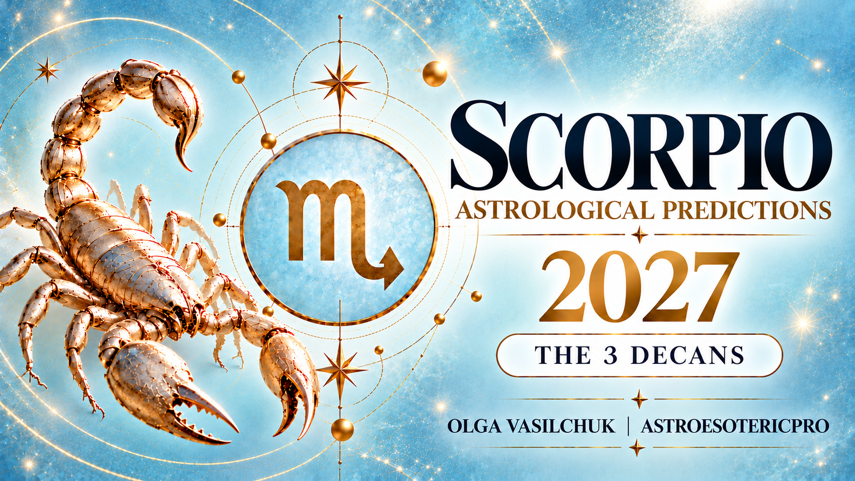 Astrological cover illustration for Scorpio 2027 predictions covering all three decans.