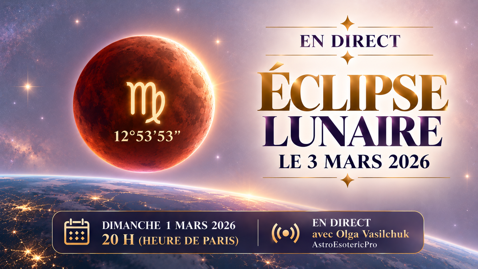 Éclipse lunaire en Vierge le 3 mars 2026 à 12°53′53″ de la Vierge