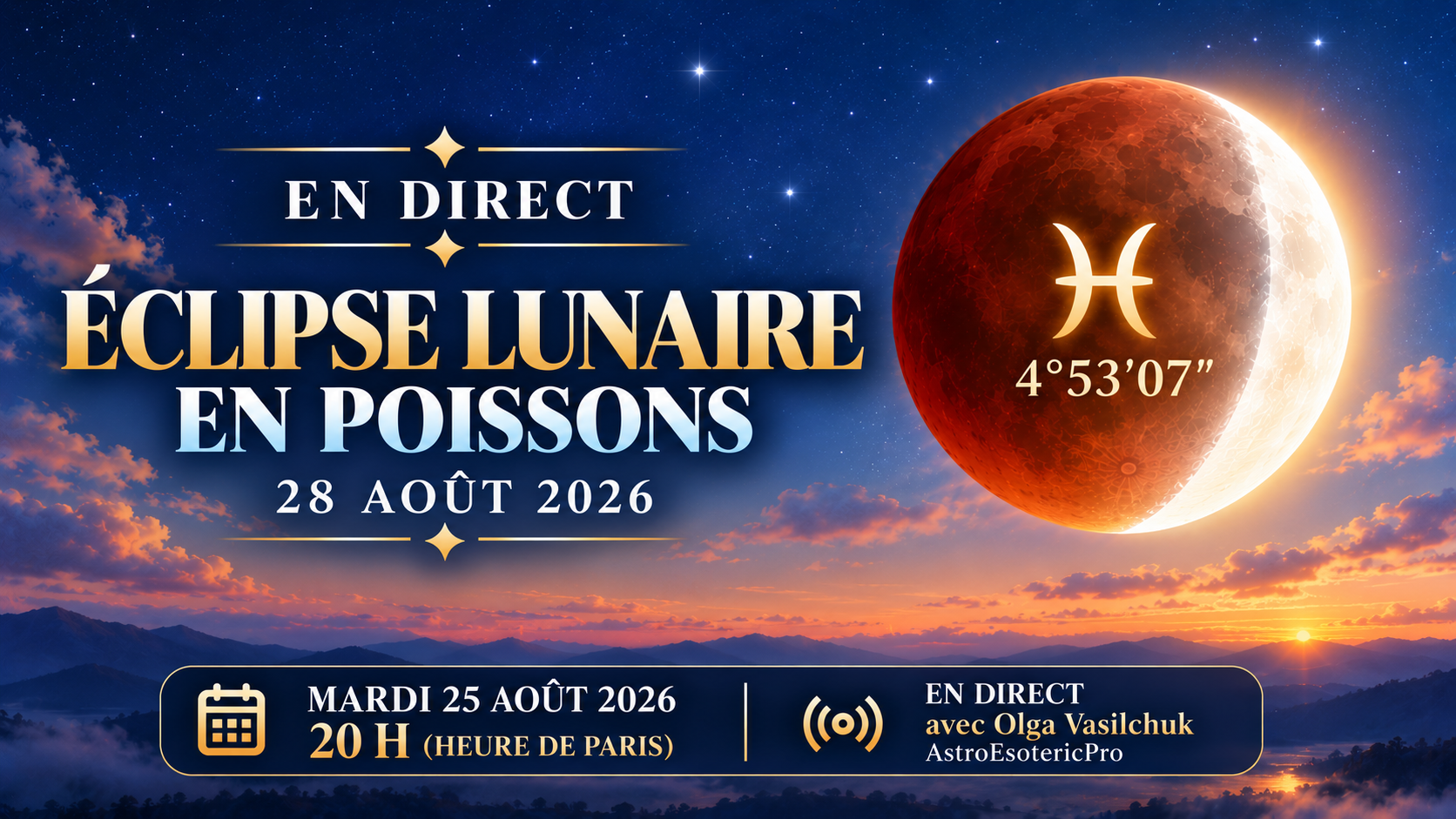 Éclipse lunaire en Poissons du 28 août 2026 à 4°53′07″ des Poissons