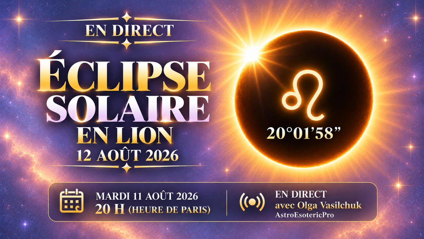 Éclipse solaire en Lion du 12 août 2026 à 20°01′58″ du Lion