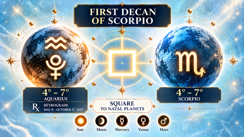 Astrological illustration of Pluto in Aquarius forming a square to natal planets between 4° and 7° of Scorpio in 2027.